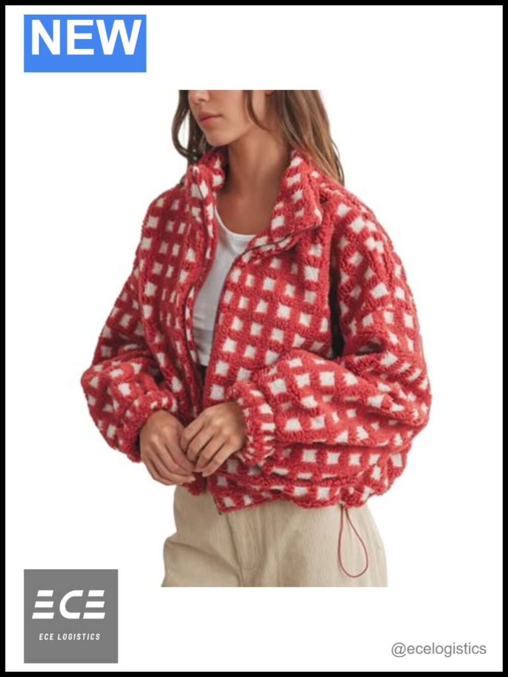 Womens Cropped Sherpa Fleece Plaid Zip Up Jacket with Pockets